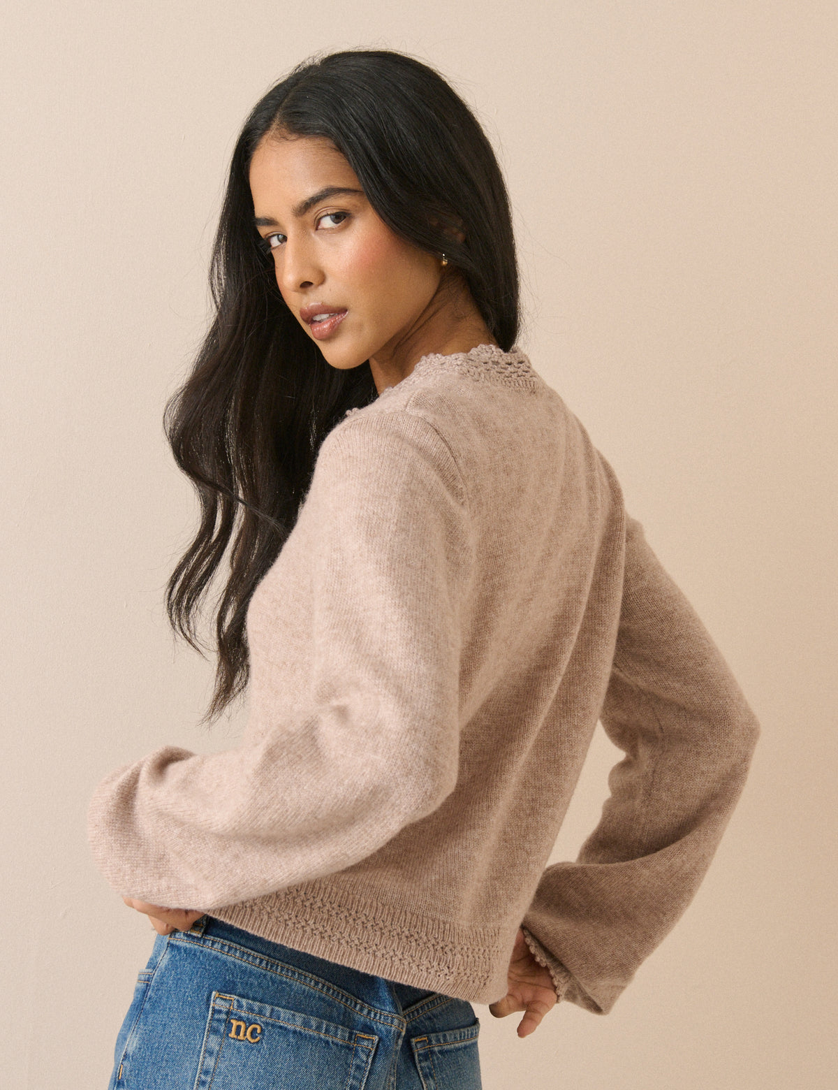 Beige Wool-Blend Crochet Trim Crew Neck Cardigan
