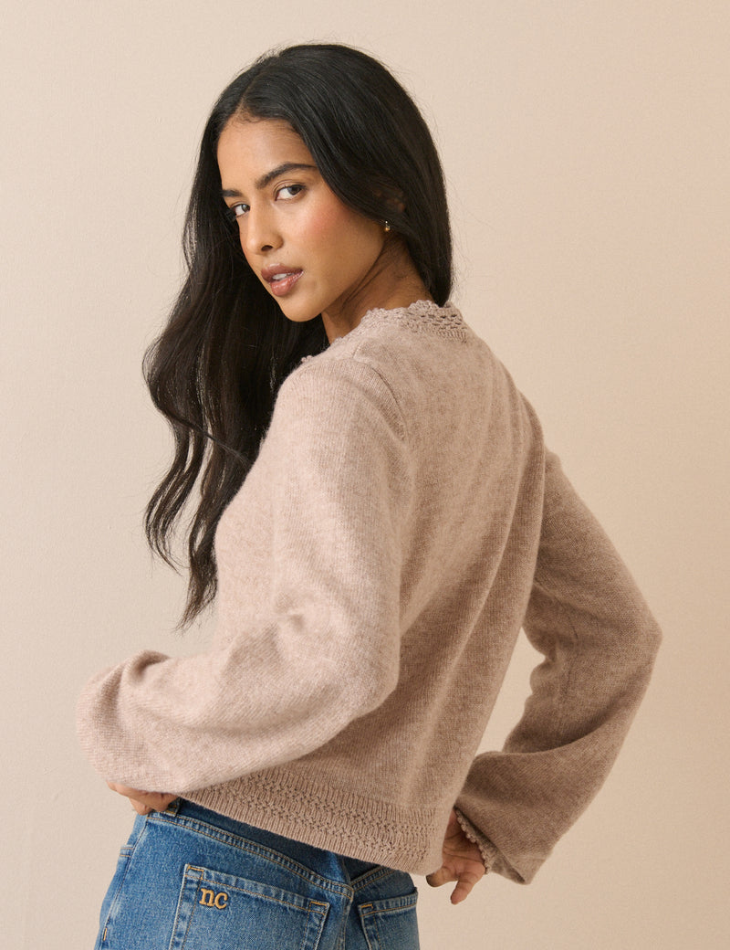 Beige Wool-Blend Crochet Trim Crew Neck Cardigan