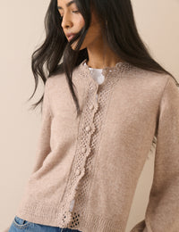 Beige Wool-Blend Crochet Trim Crew Neck Cardigan
