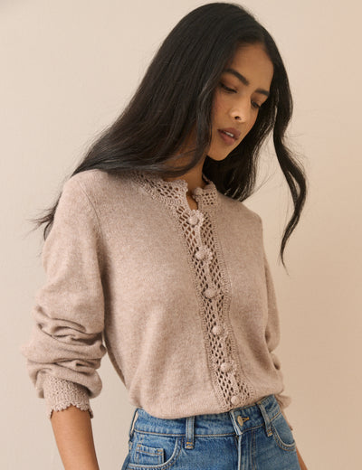 Beige Wool-Blend Crochet Trim Crew Neck Cardigan