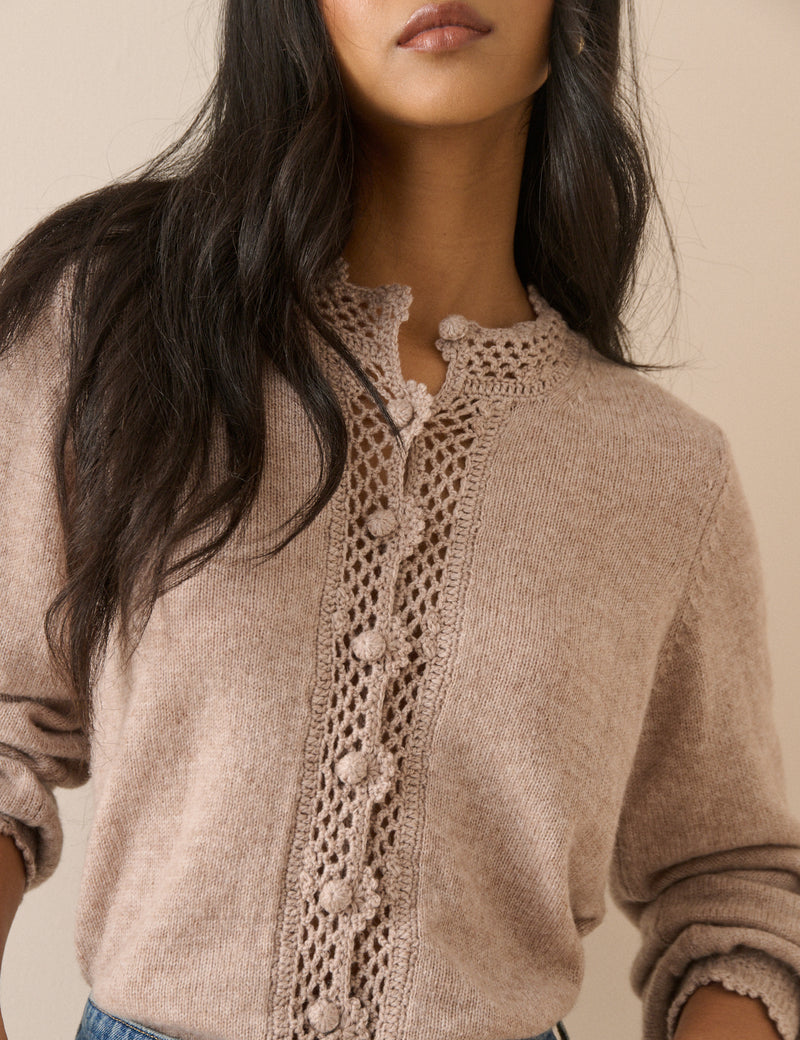 Beige Wool-Blend Crochet Trim Crew Neck Cardigan