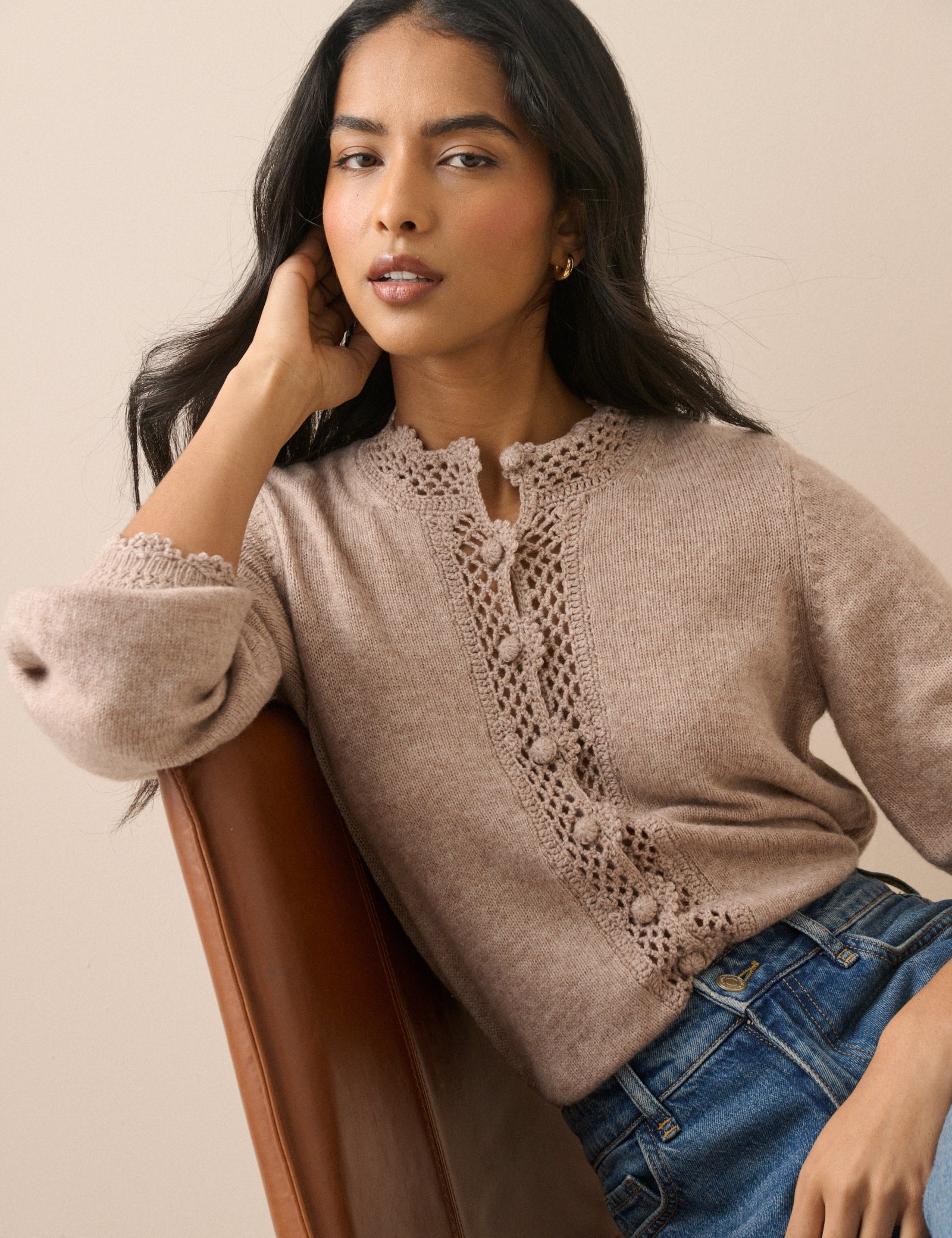 Beige Wool-Blend Crochet Trim Crew Neck Cardigan