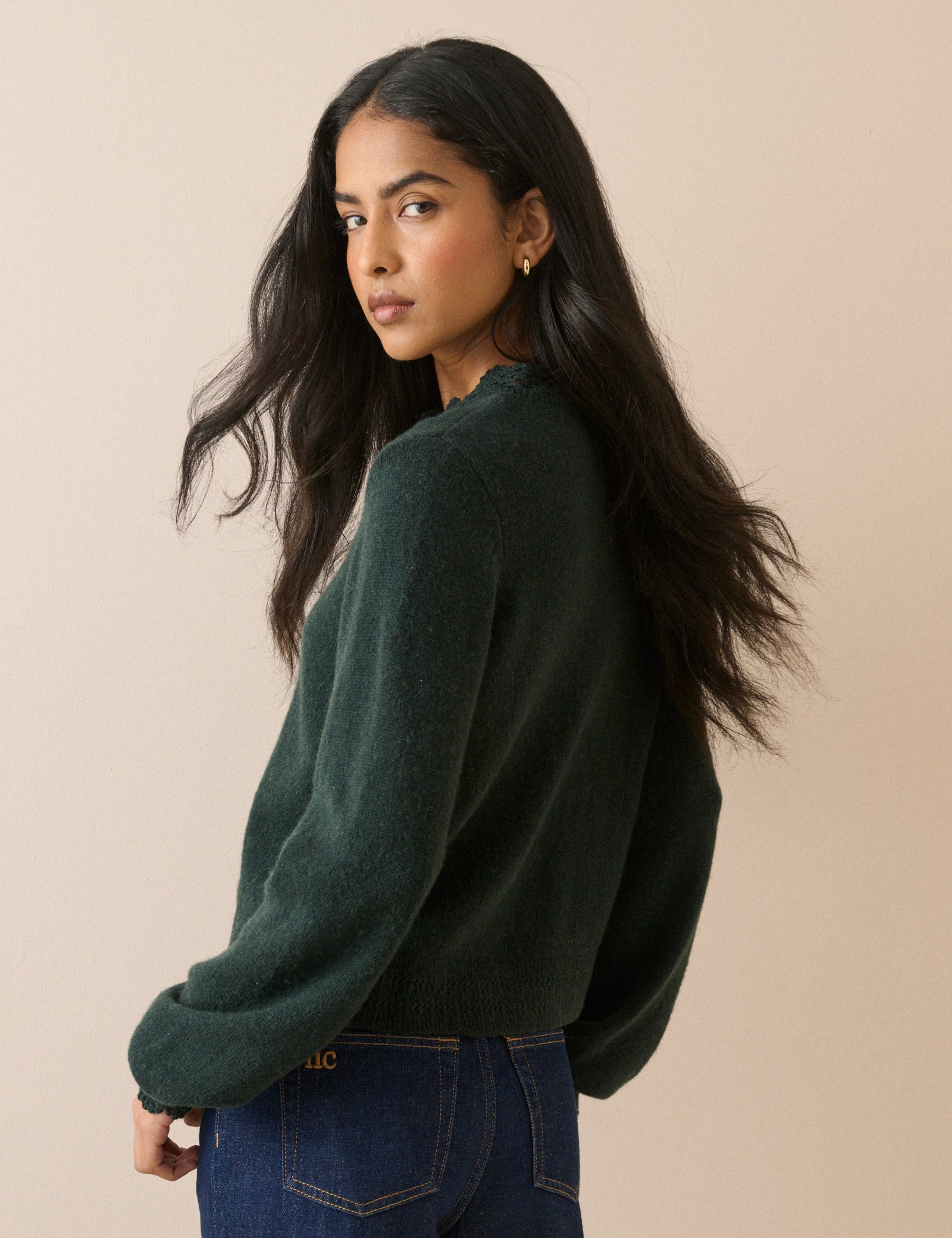 Forest Green Wool-Blend Crochet Trim Crew Neck Cardigan