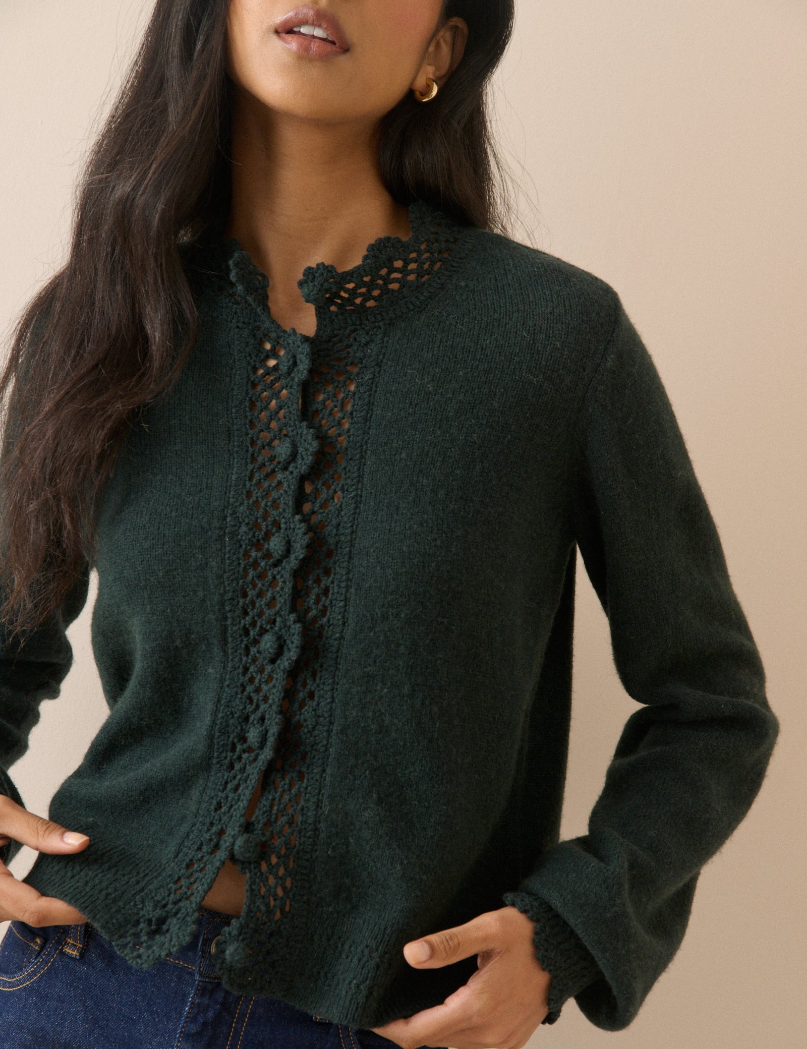 Forest Green Wool-Blend Crochet Trim Crew Neck Cardigan
