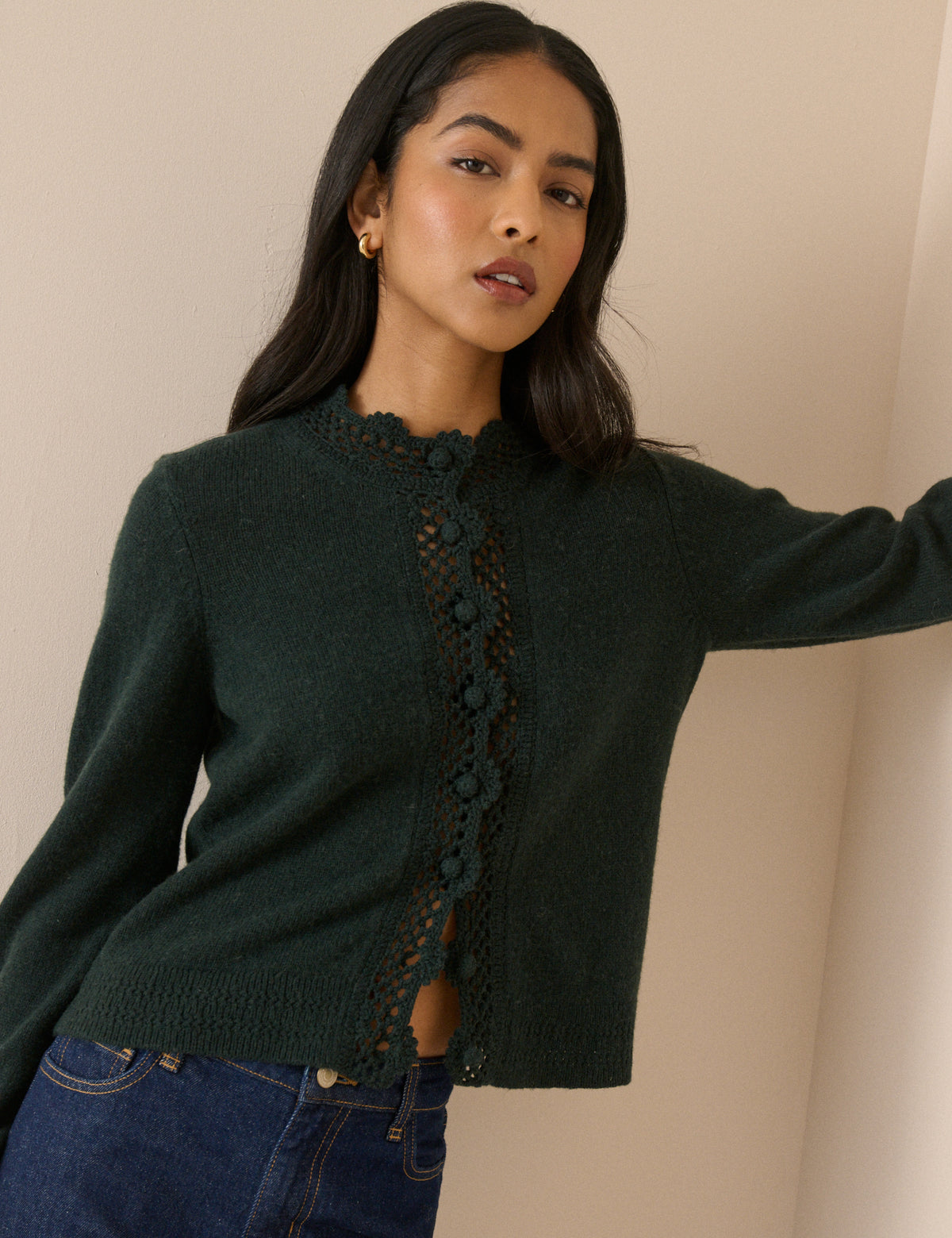 Forest Green Wool-Blend Crochet Trim Crew Neck Cardigan
