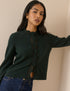 Forest Green Wool-Blend Crochet Trim Crew Neck Cardigan
