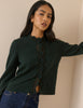 Forest Green Wool-Blend Crochet Trim Crew Neck Cardigan