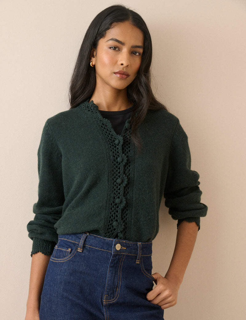 Forest Green Wool-Blend Crochet Trim Crew Neck Cardigan