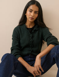 Forest Green Wool-Blend Crochet Trim Crew Neck Cardigan