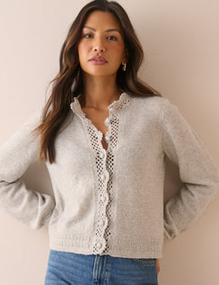Grey wool-blend crochet trim cardigan