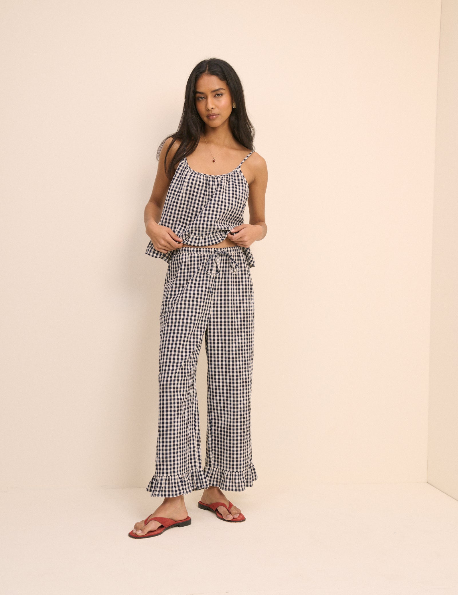 Navy Gingham Wide Leg Sia Trousers