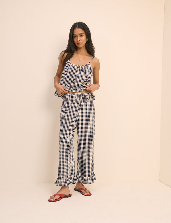 Navy Gingham Wide Leg Sia Trousers