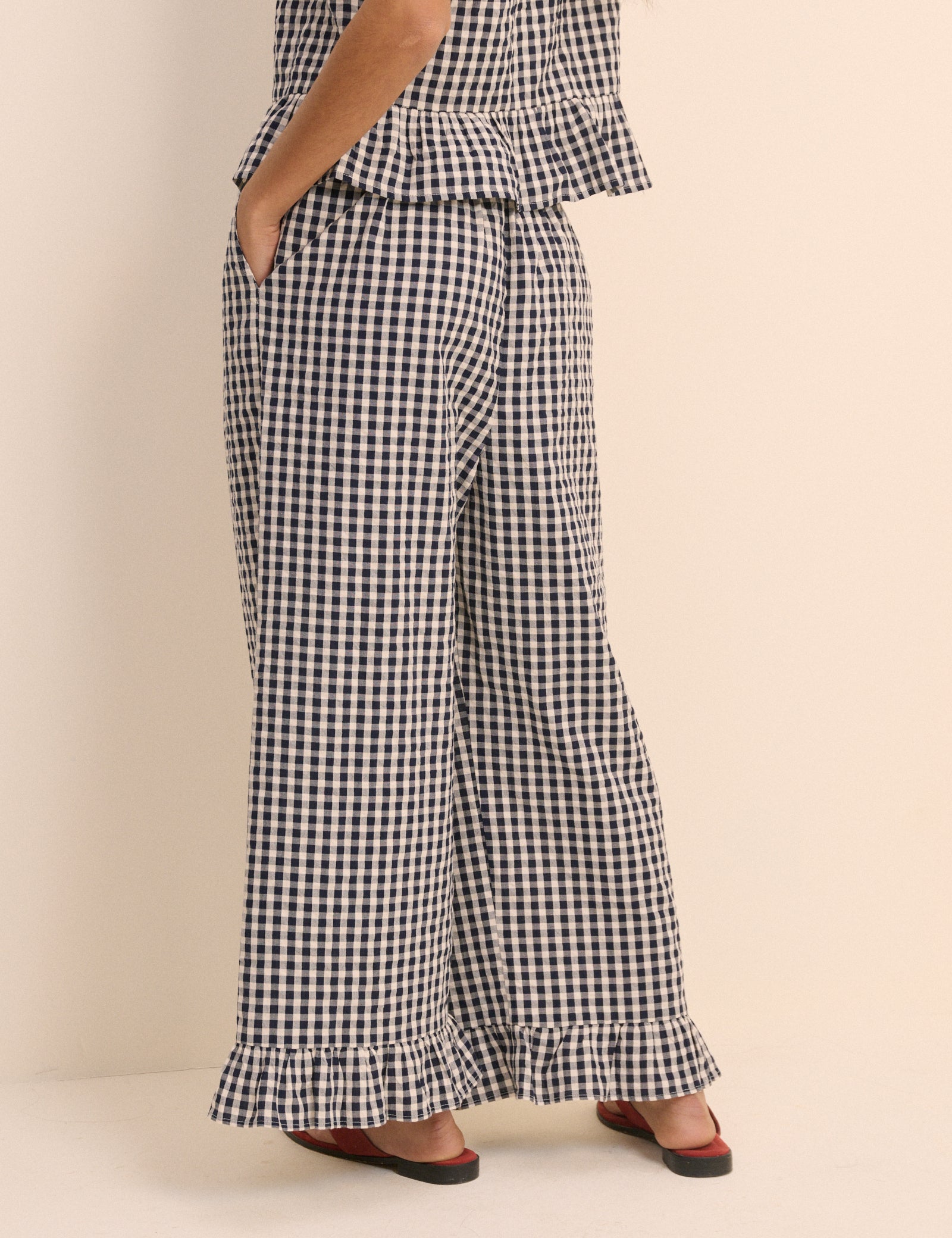 Navy Gingham Wide Leg Sia Trousers
