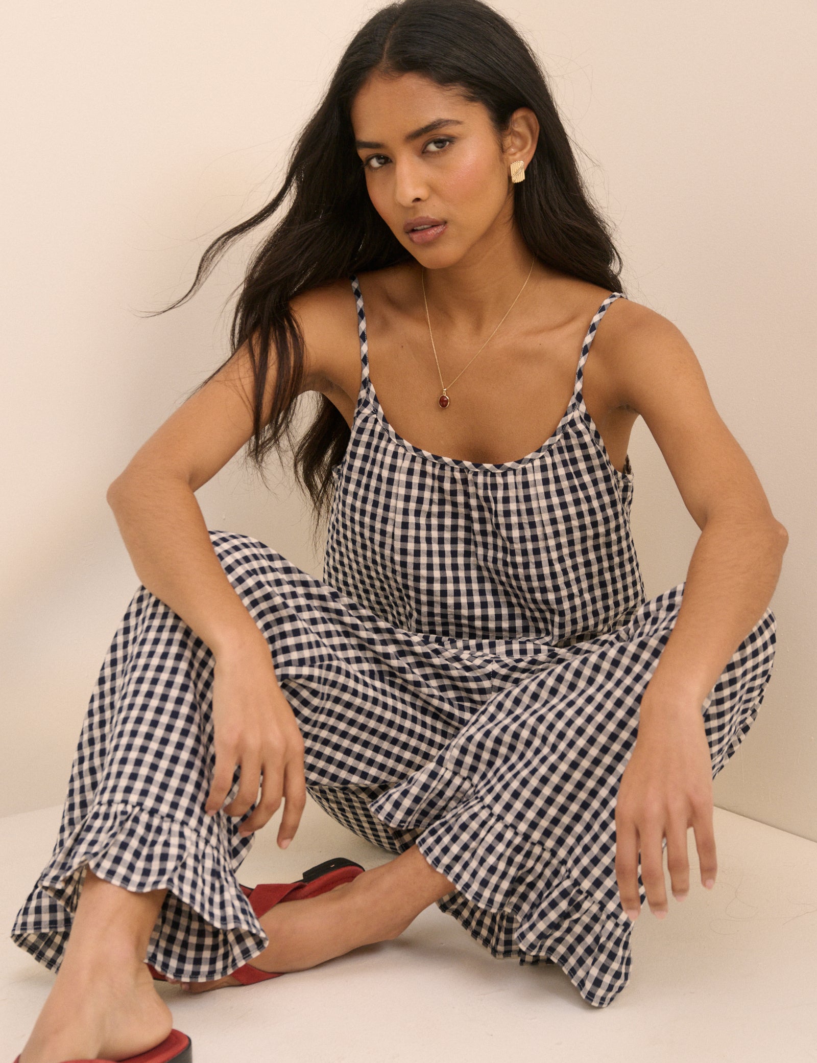 Navy Gingham Wide Leg Sia Trousers