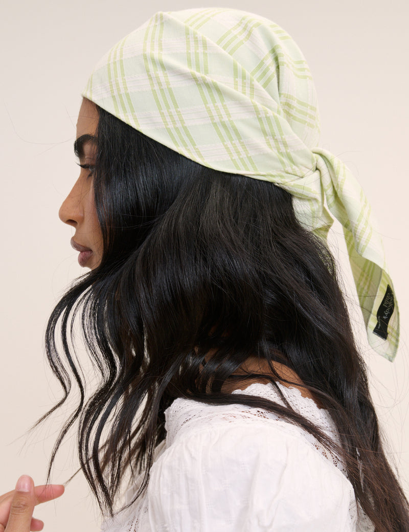 Green and White Gingham Printed Square Scarf