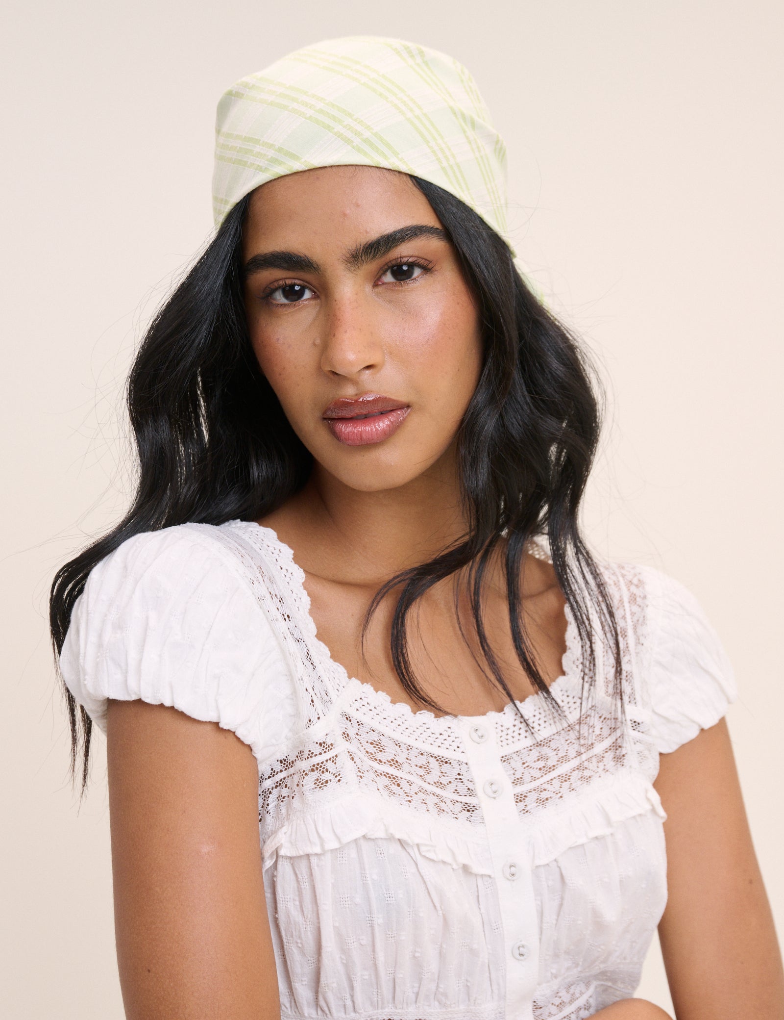 Green and White Gingham Printed Square Scarf