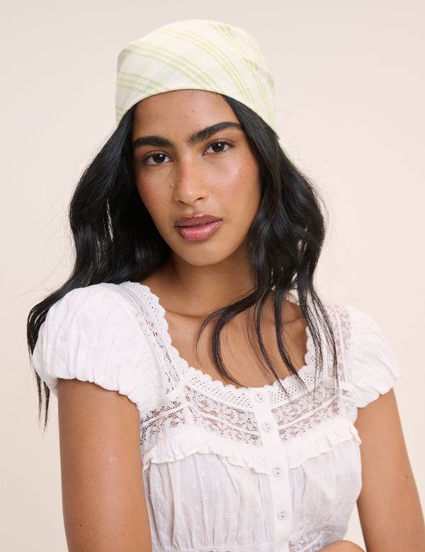 Green and White Gingham Printed Square Scarf