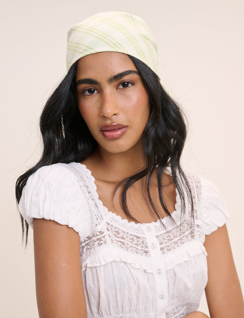 Green and White Gingham Printed Square Scarf