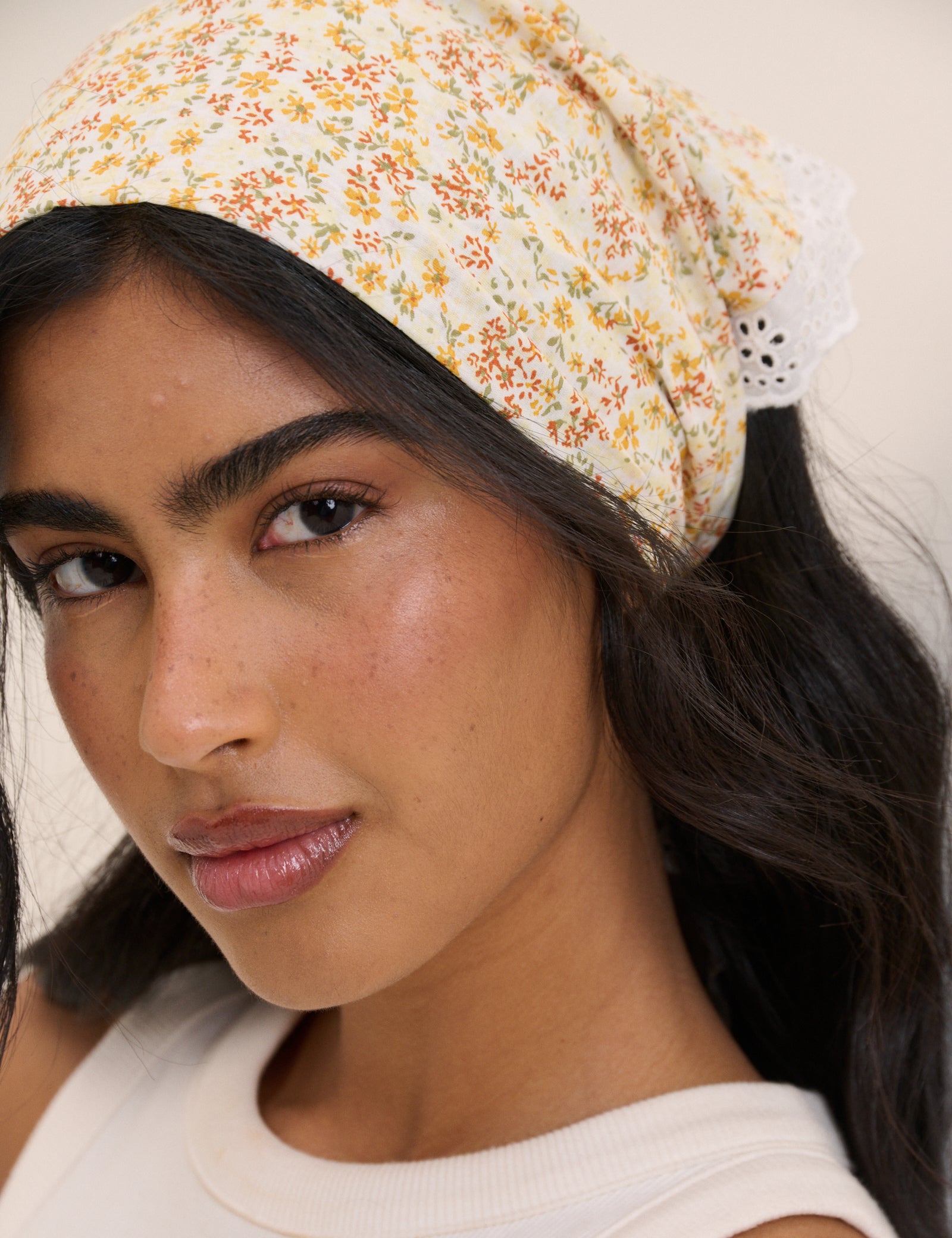 Yellow Ditsy Floral Lace Trim Triangle Scarf