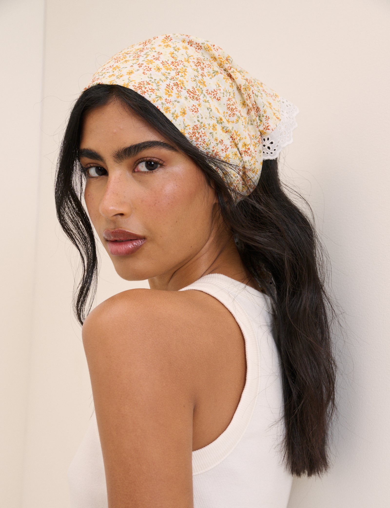 Yellow Ditsy Floral Lace Trim Triangle Scarf