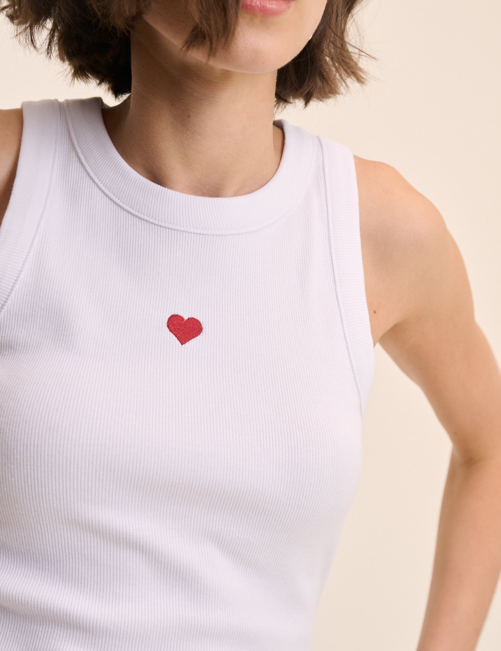 White Heart Embroidered Ribbed Racer Vest