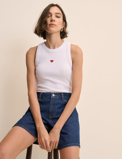 White Heart Embroidered Ribbed Racer Vest