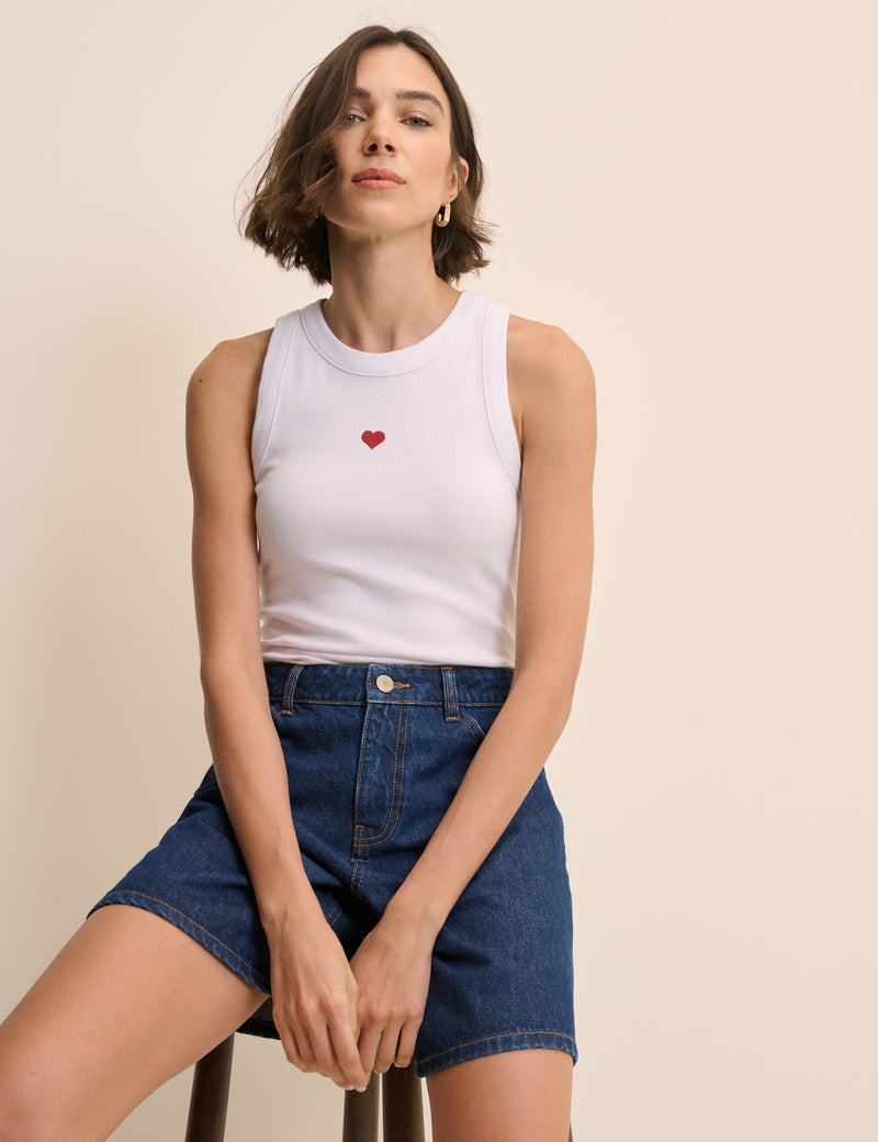 White Heart Embroidered Ribbed Racer Vest