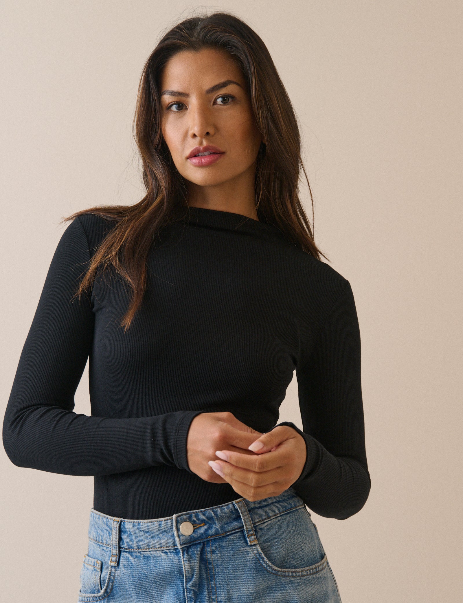 Black Ribbed Boat Neck Jersey Top