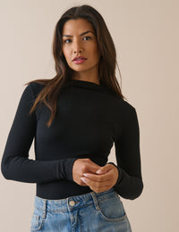 Black Ribbed Boat Neck Jersey Top