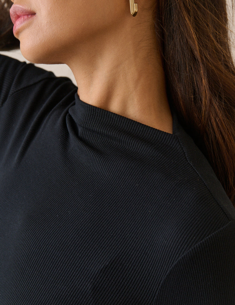 Black Ribbed Boat Neck Jersey Top