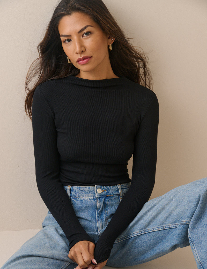Black Ribbed Boat Neck Jersey Top