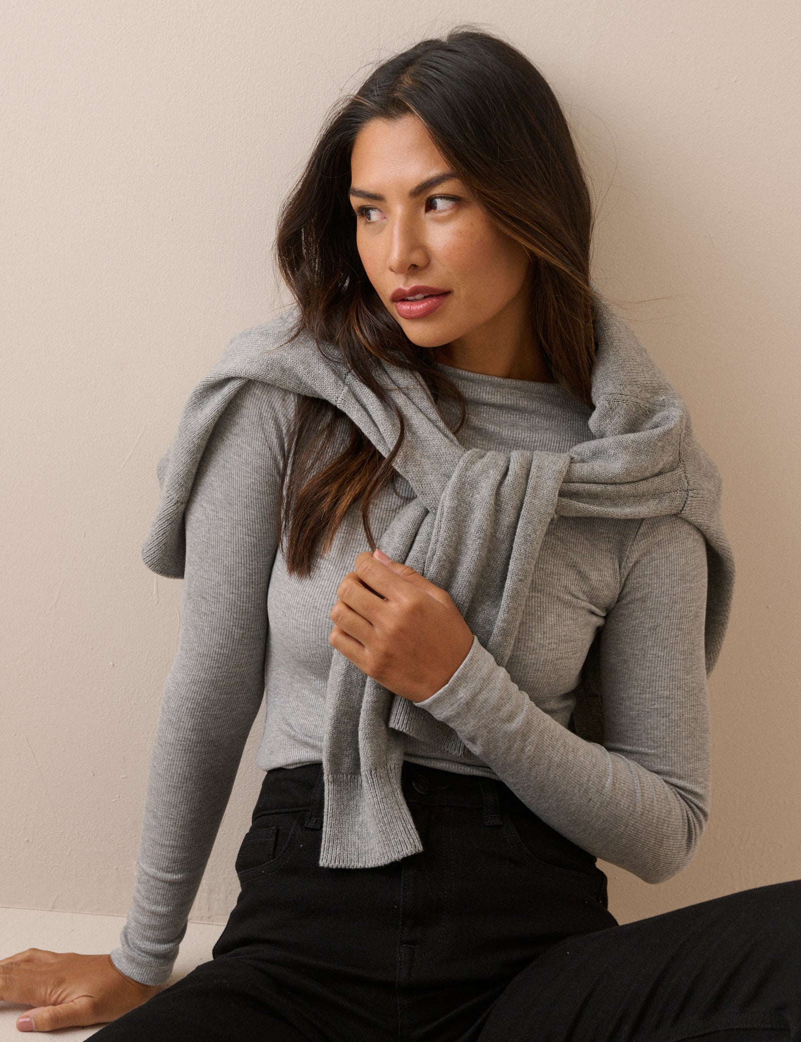 Grey Marl Rib Jersey Long Sleeve Top