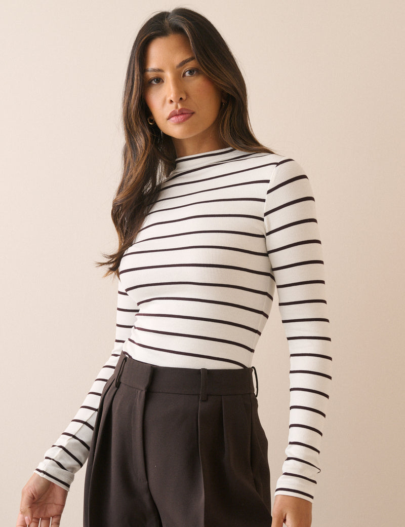 Brown and White Striped Ribbed Jersey Top