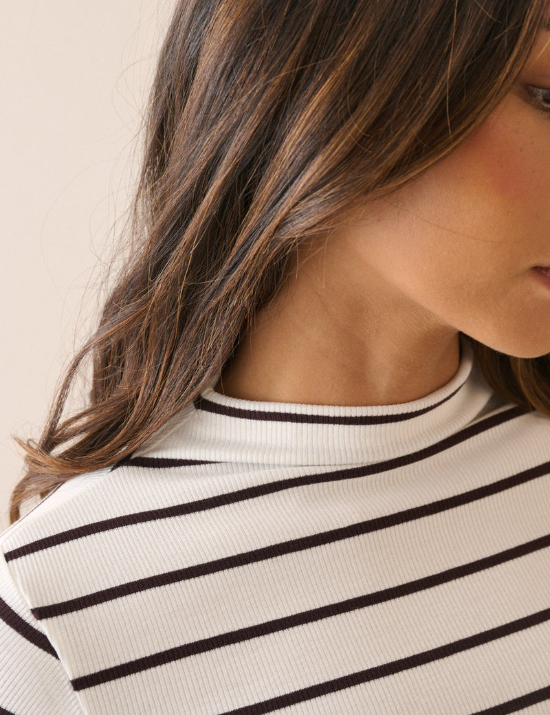 Brown and White Striped Ribbed Jersey Top
