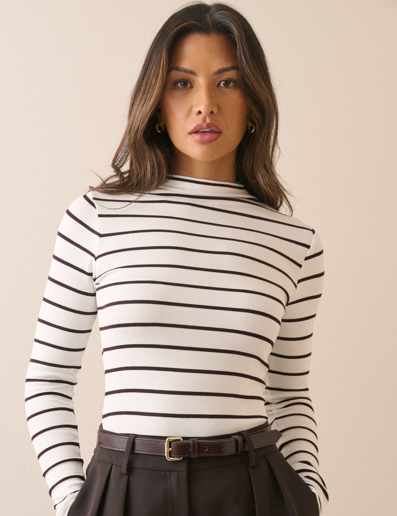 Brown and White Striped Ribbed Jersey Top