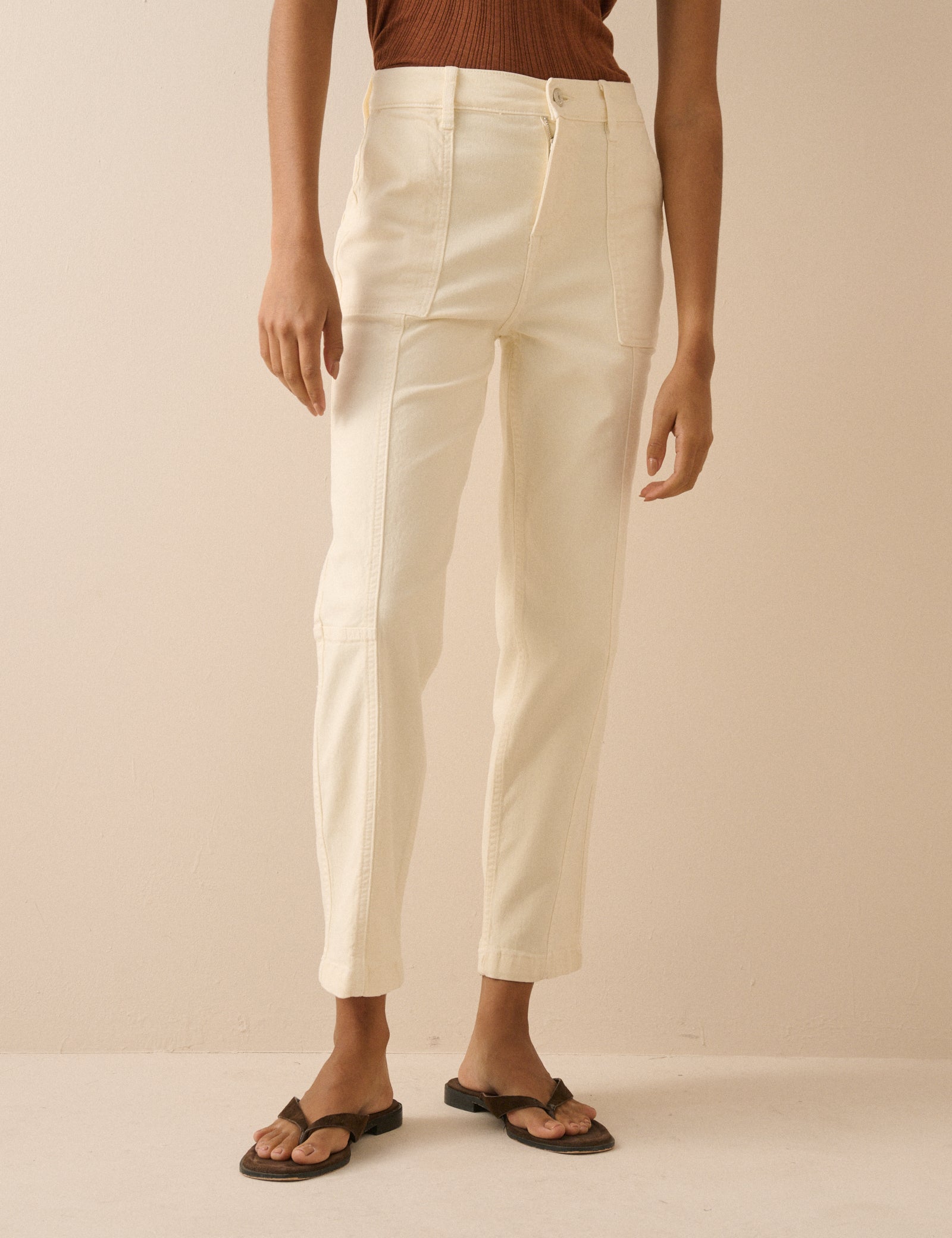 Cream Denim Tapered Trousers