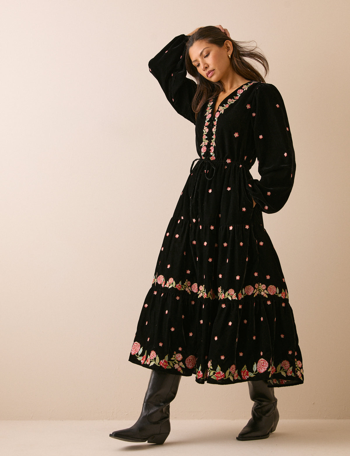 Black Floral Velvet Lianne Midi Dress