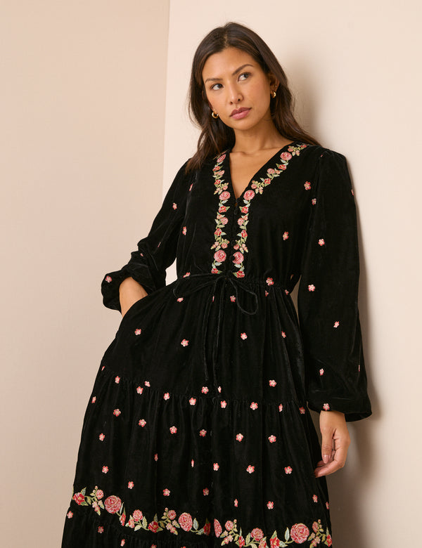 Black Floral Velvet Lianne Midi Dress