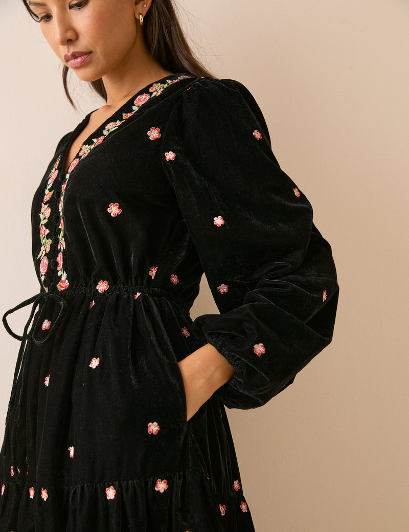 Black Floral Velvet Lianne Midi Dress