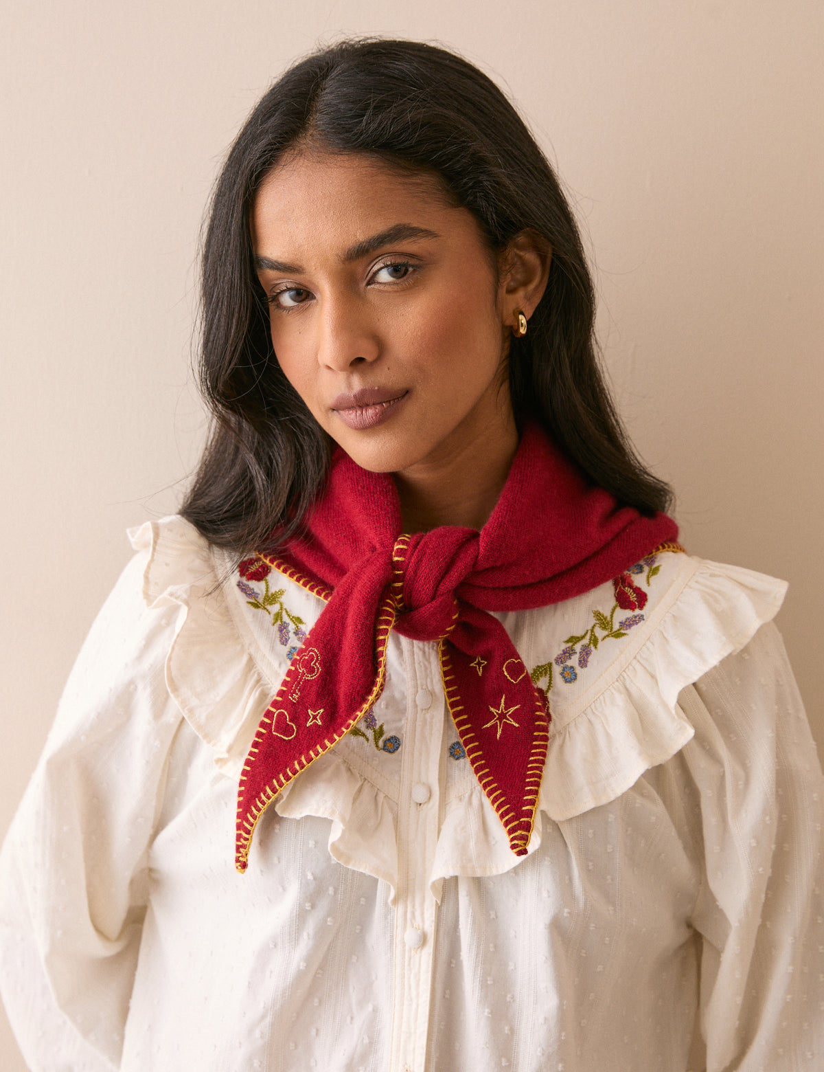 Red Celestial Embroidered Triangle Scarf