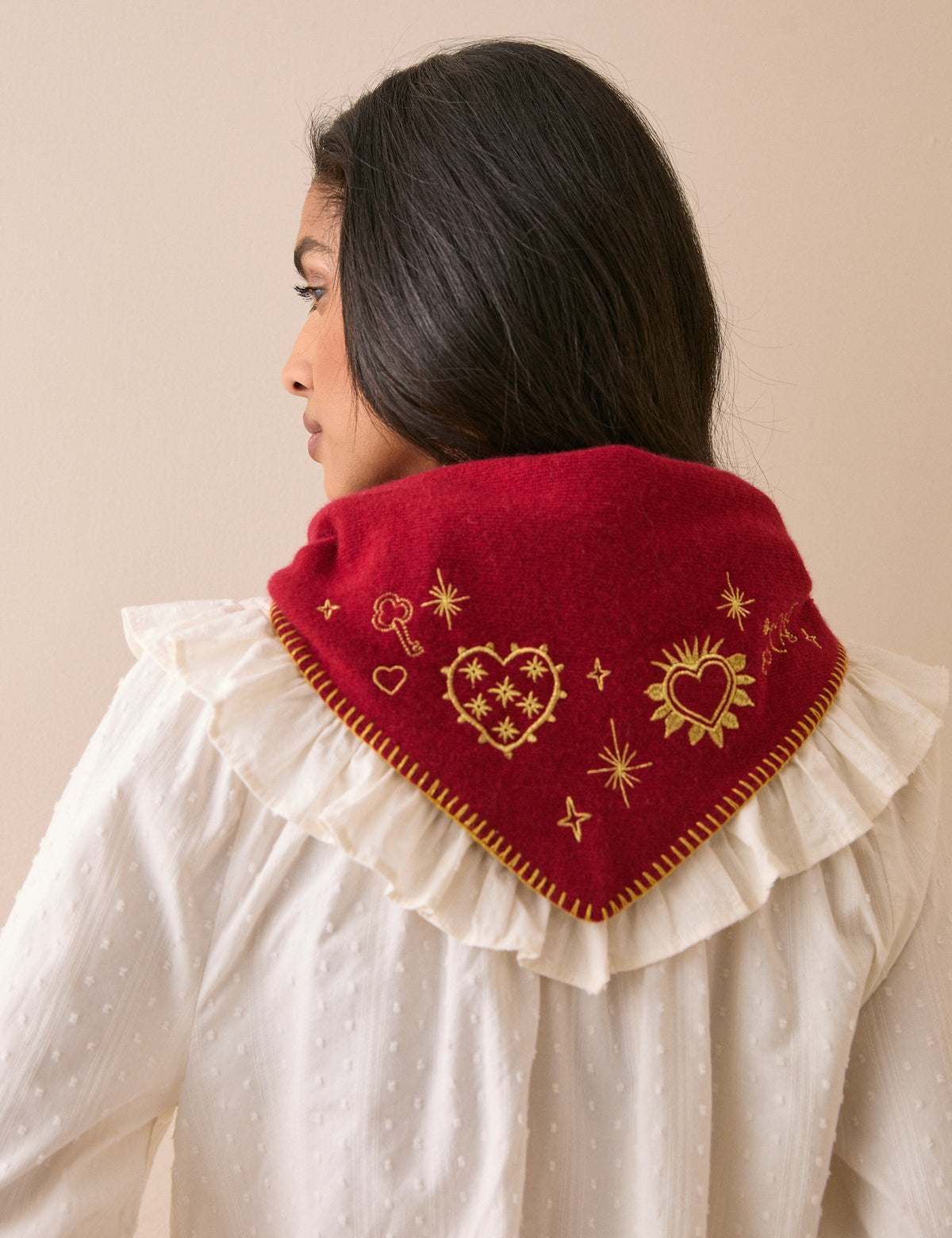 Red Celestial Embroidered Triangle Scarf