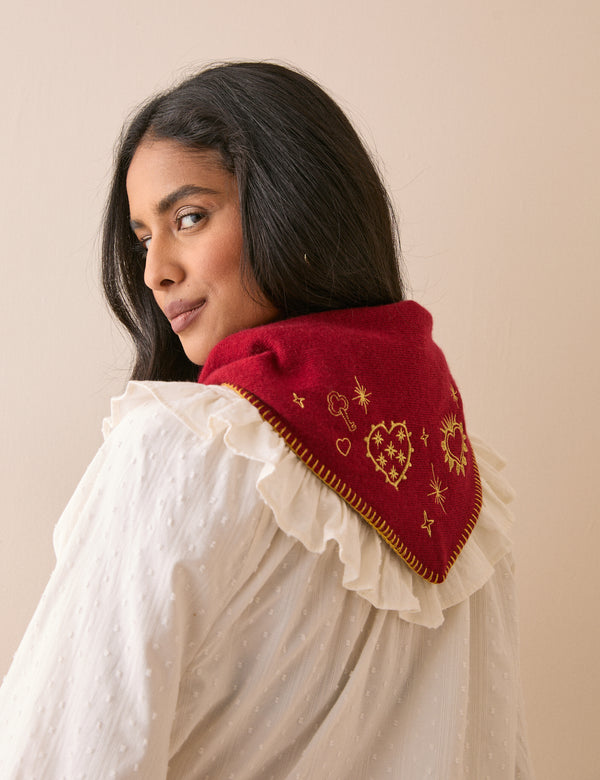 Red Celestial Embroidered Triangle Scarf