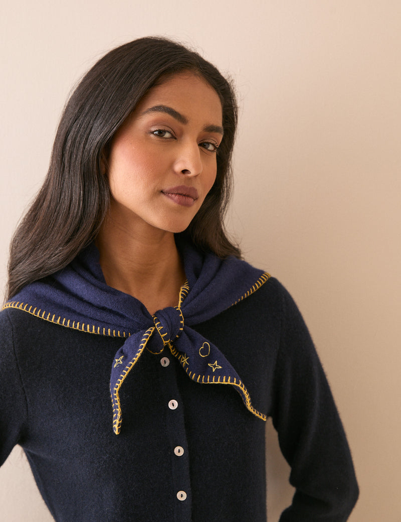 Navy Celestial Embroidered Triangle Scarf
