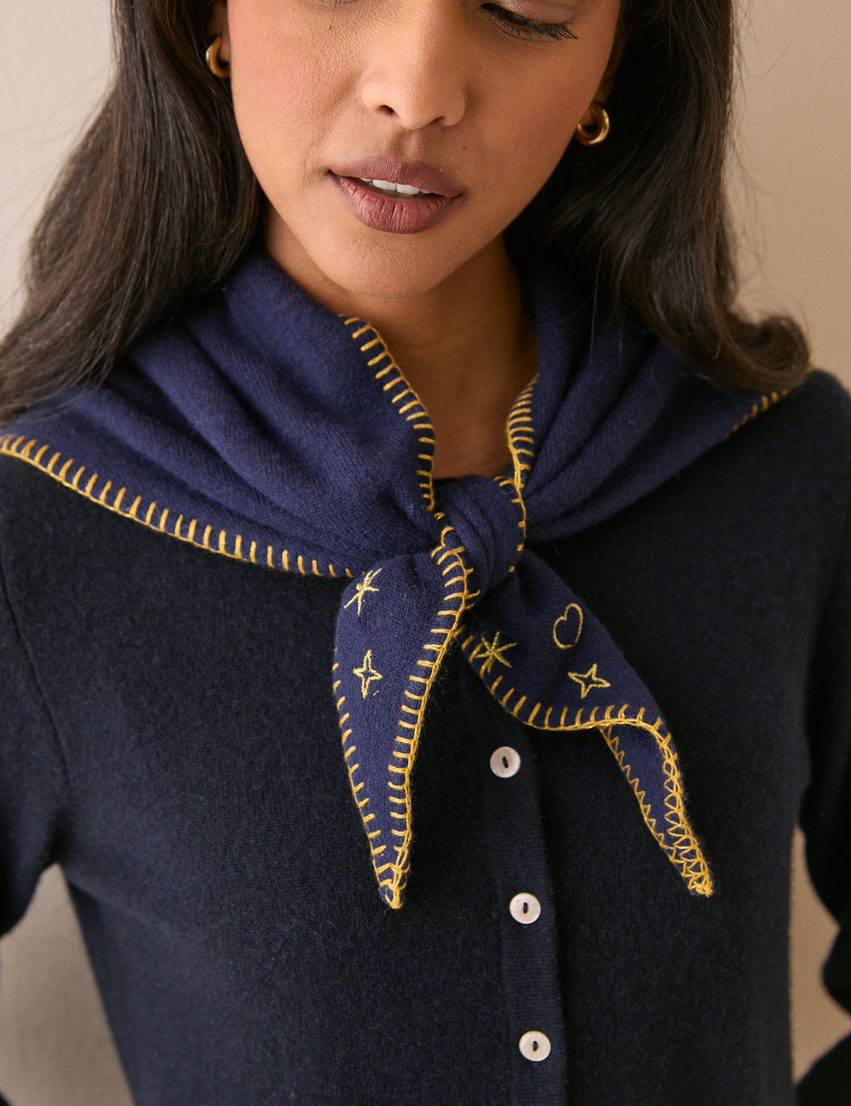 Navy Celestial Embroidered Triangle Scarf