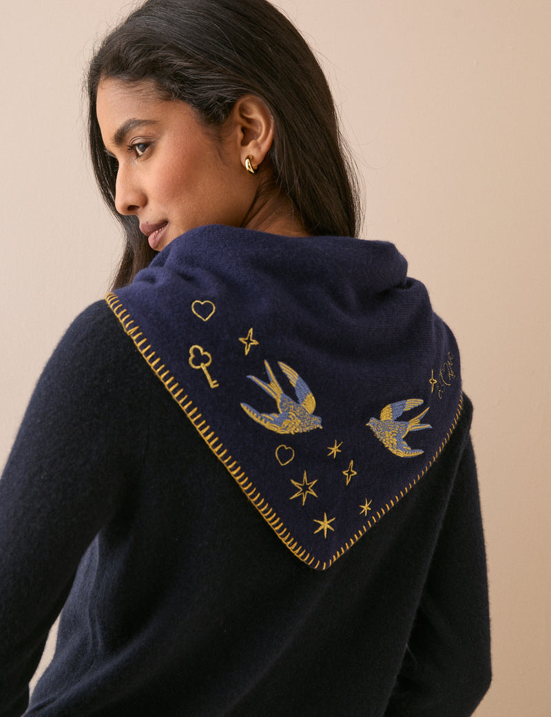 Navy Celestial Embroidered Triangle Scarf