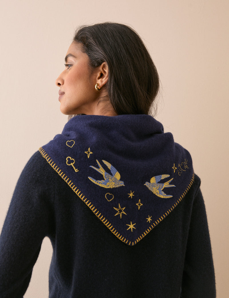 Navy Celestial Embroidered Triangle Scarf