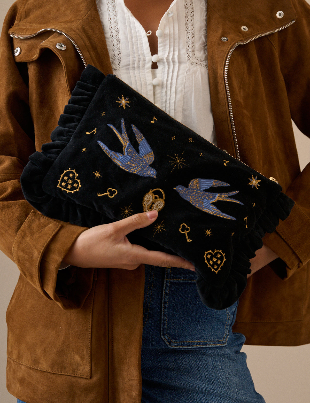 Navy Celestial Embroidered Pouch