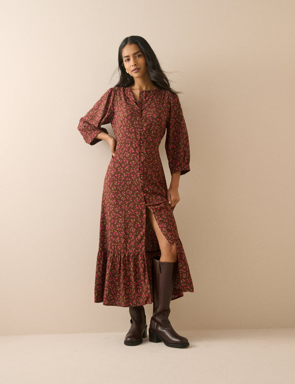 Brown and Red Ditsy Floral Half Sleeve Amara Midi Dress
