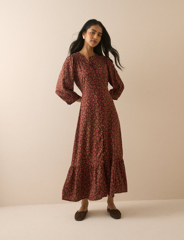Brown and Red Ditsy Floral Half Sleeve Amara Midi Dress