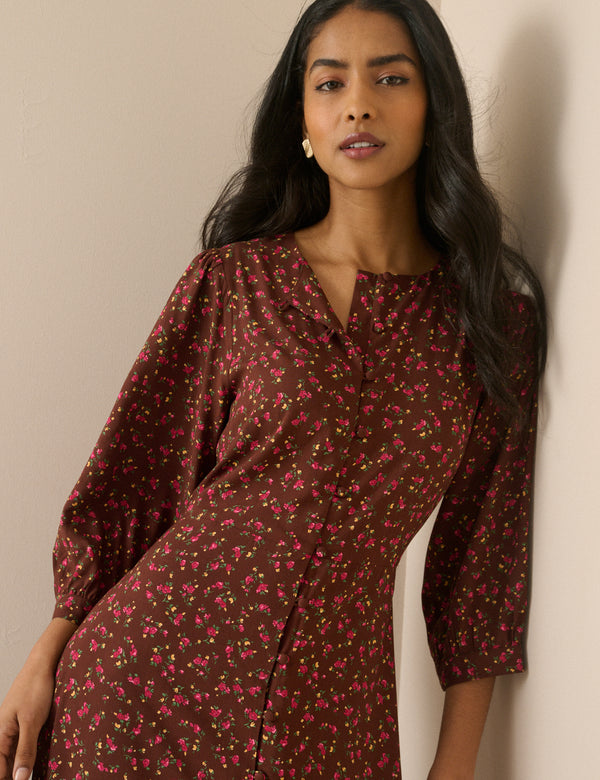 Brown and Red Ditsy Floral Half Sleeve Amara Midi Dress